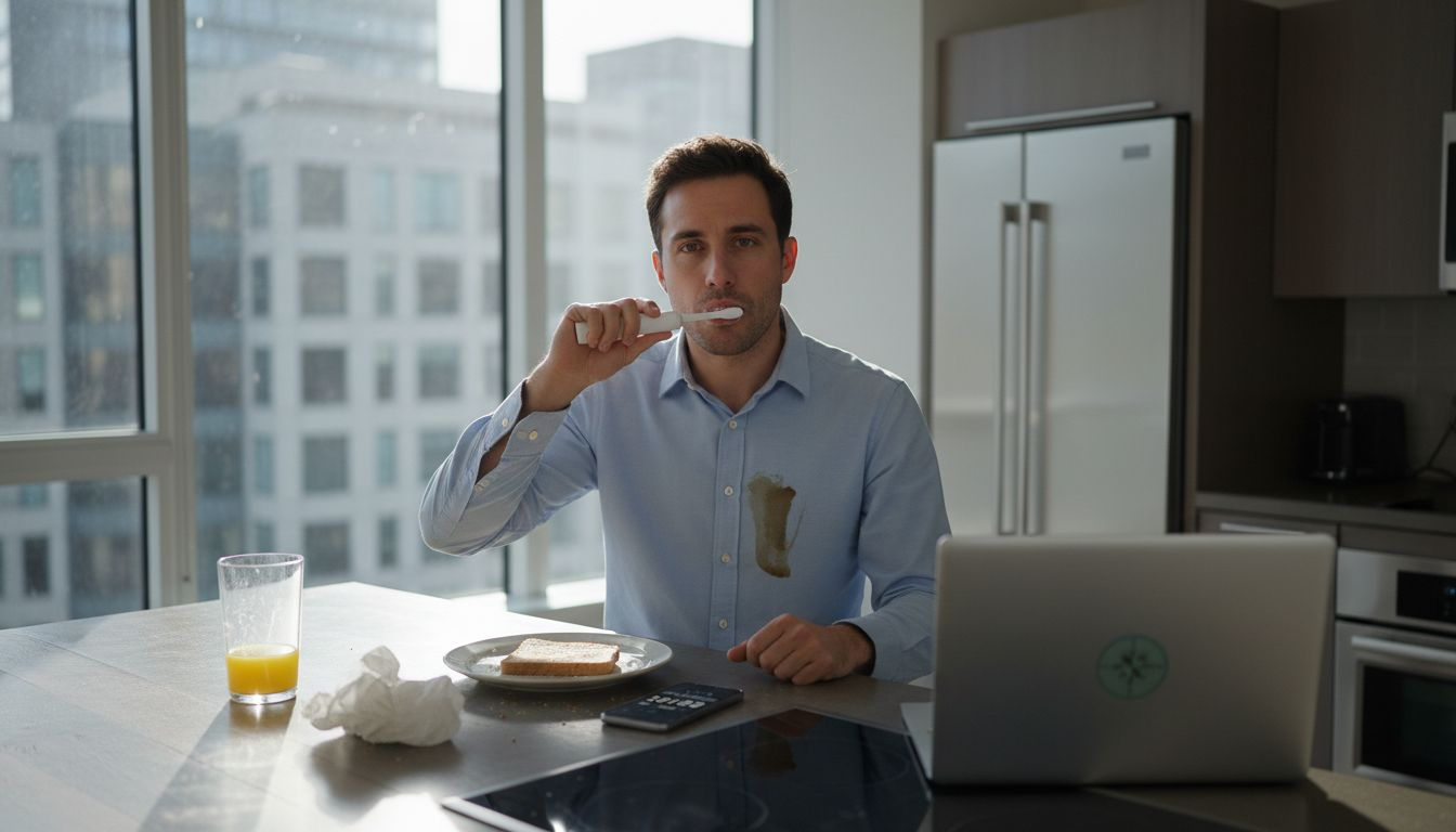 Man multitasking with sonic toothbrush morning