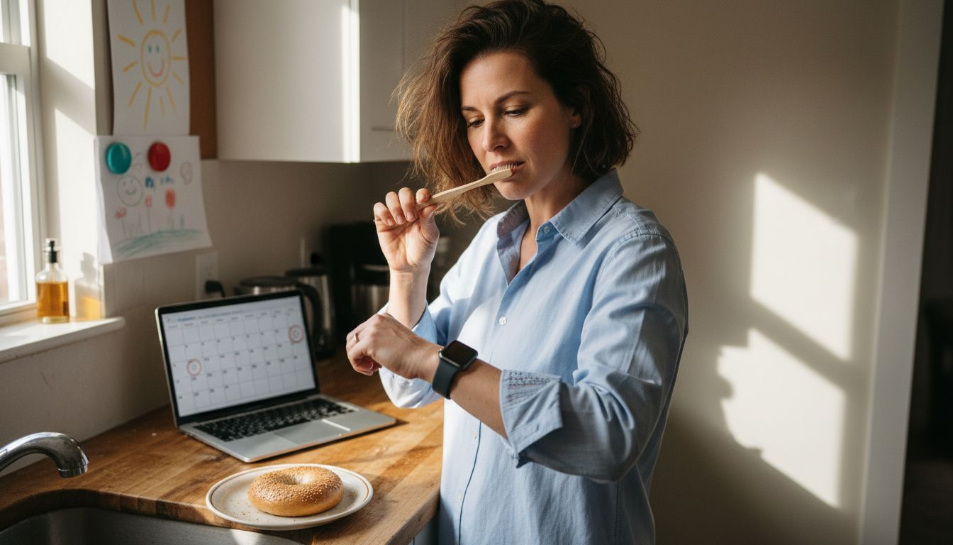 Woman multitasking with traditional toothbrush at kitchen counter