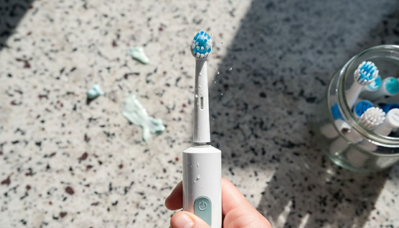 Closeup hand holding electric toothbrush mechanism