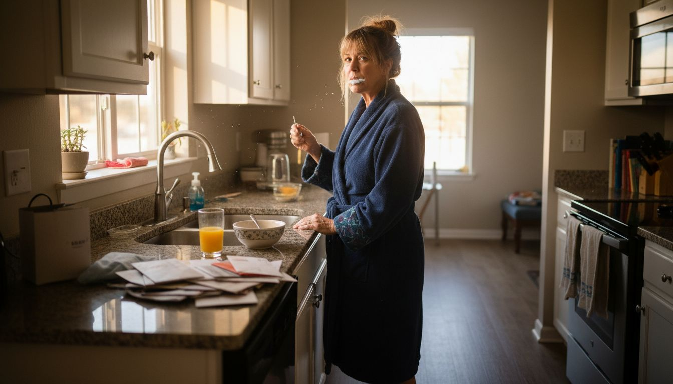Woman brushing teeth after breakfast in kitchen