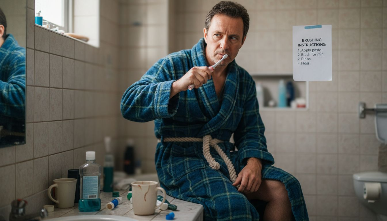 Man using electric toothbrush at home