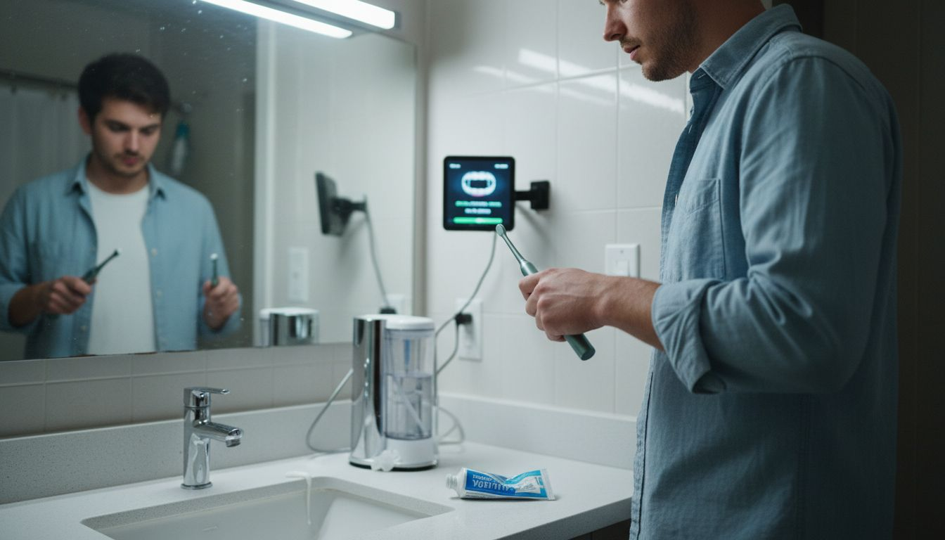 Man uses smart toothbrush with screen feedback