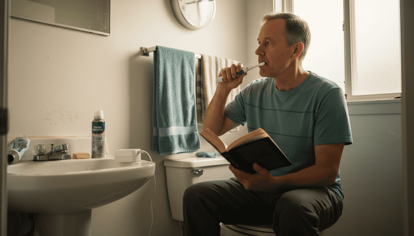 Man multitasking with electric toothbrushing
