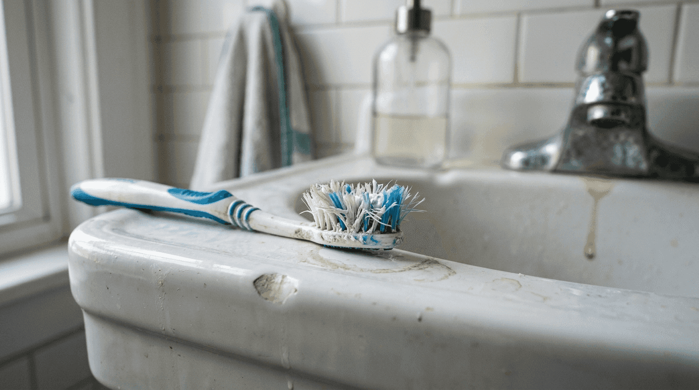Worn toothbrush bristles on porcelain sink edge