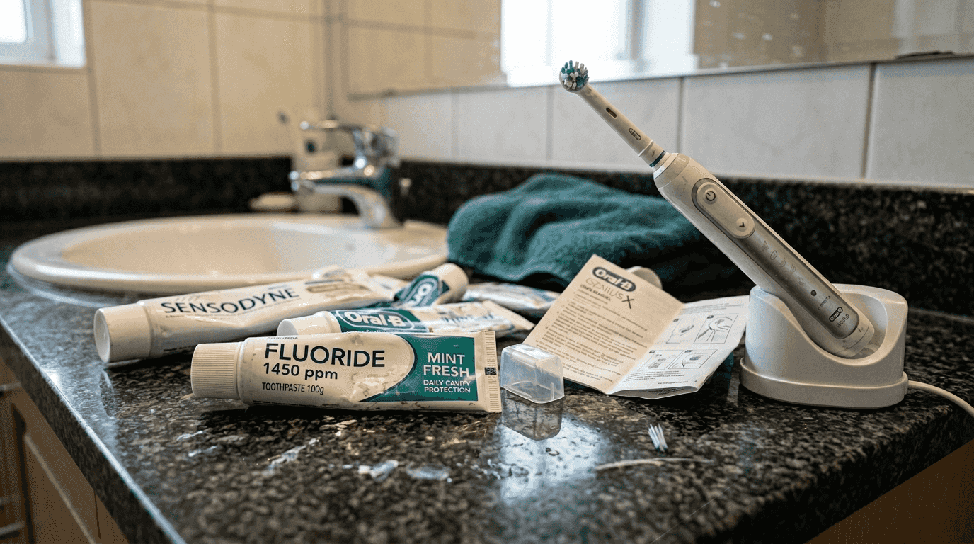 Assorted fluoride toothpaste and toothbrushes displayed