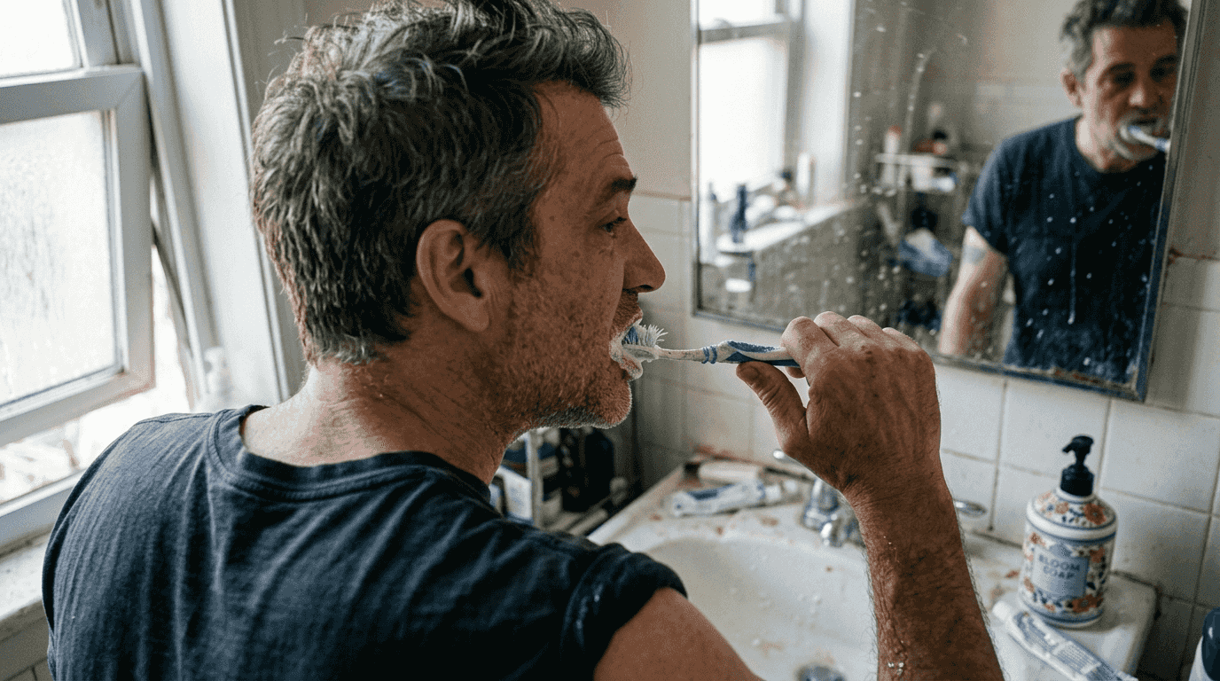 Close-up of harsh brushing damaging enamel