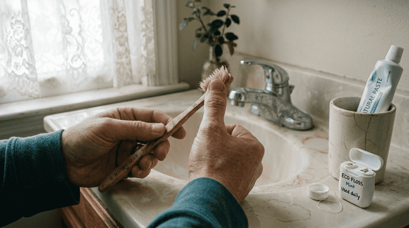 Closeup worn bristles on bamboo toothbrush