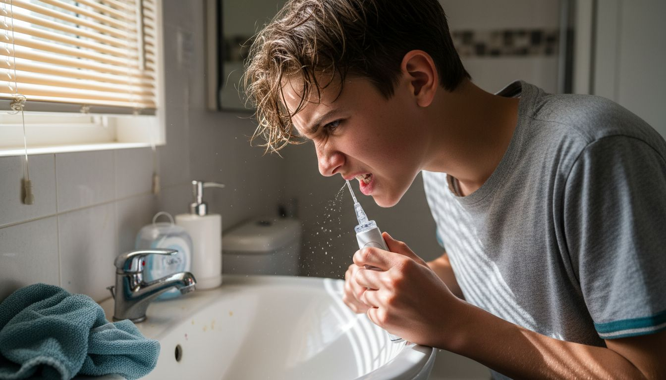 Teenage boy using water flosser close-up