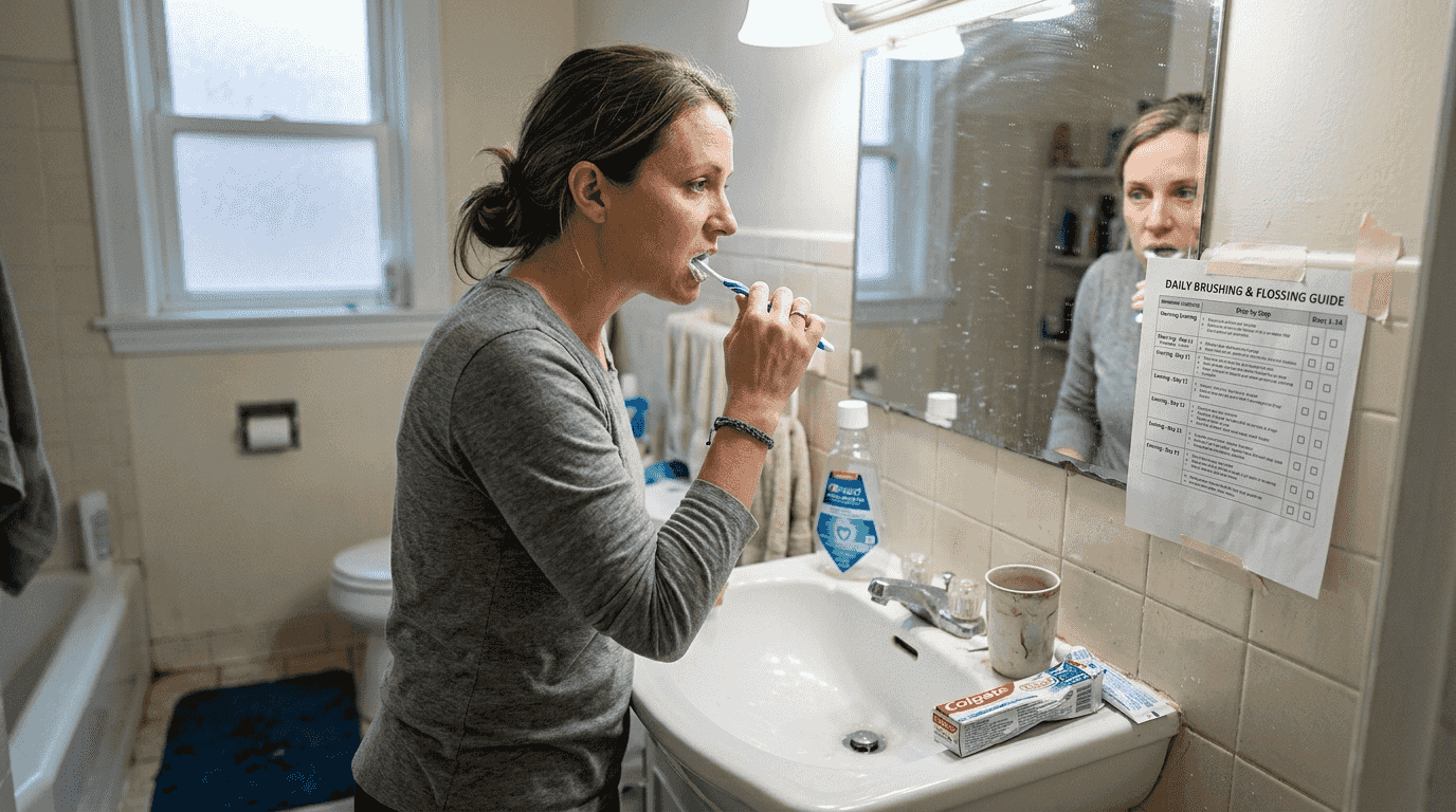 Woman following brushing workflow chart