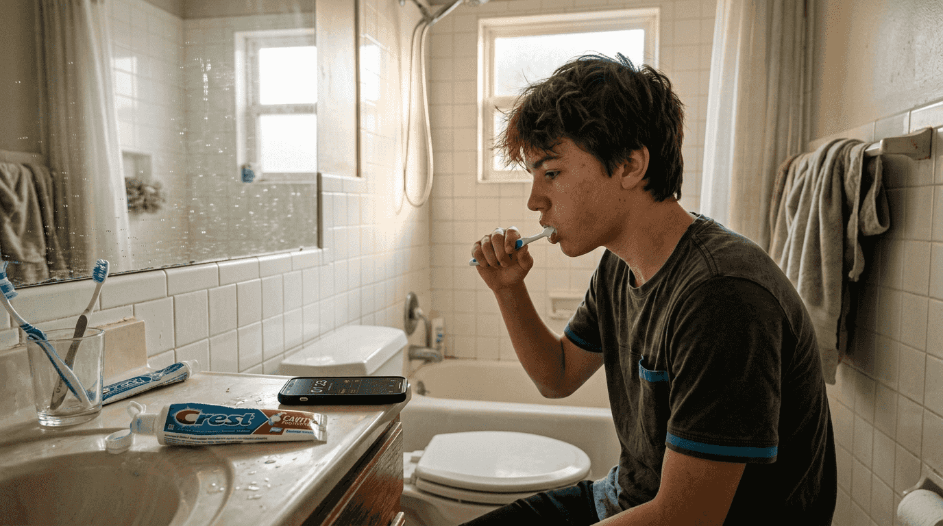 Teen brushing teeth with timer and details