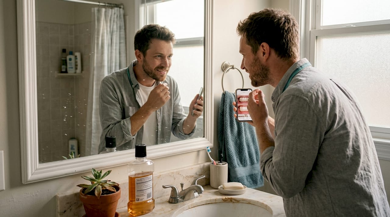 Man checking teeth whitening results bathroom
