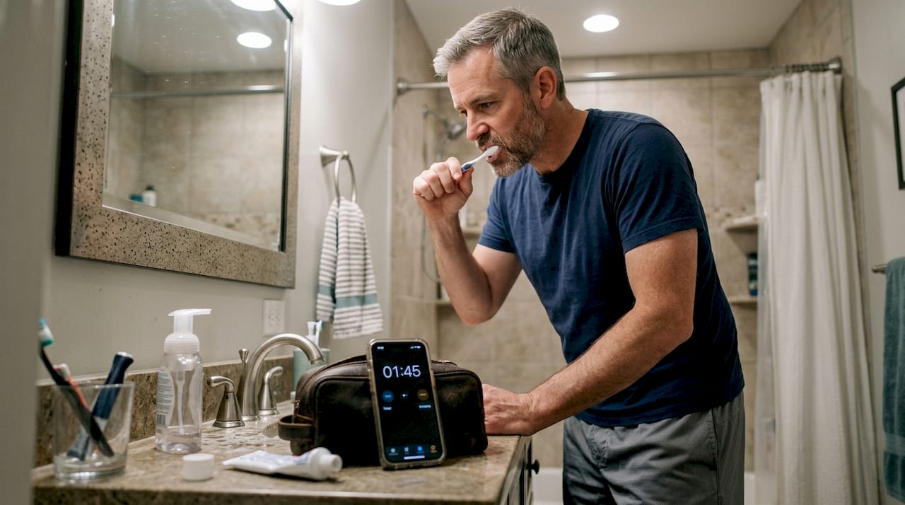 Man tracking brushing time with phone