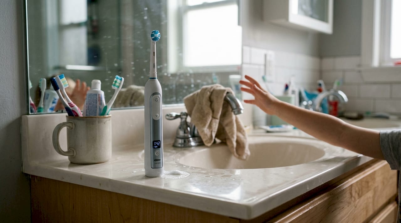 Electric toothbrush with timer by bathroom sink