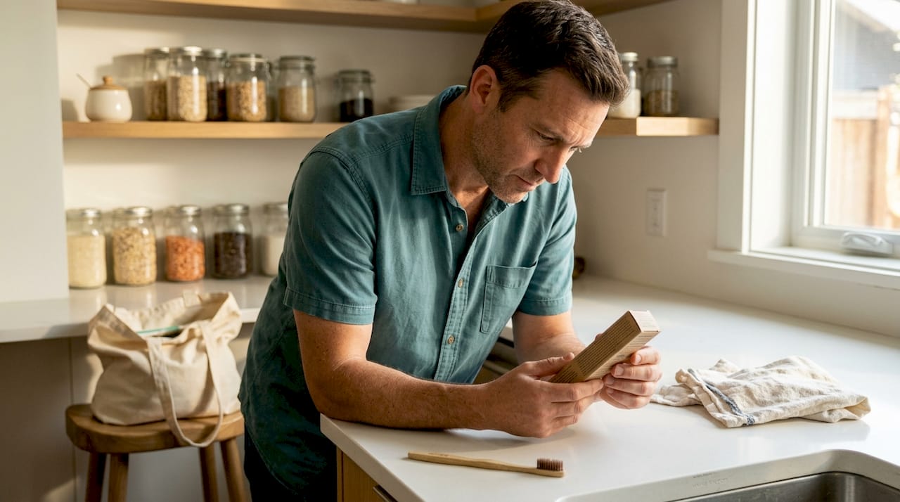 Man reading sustainable toothpaste label in kitchen