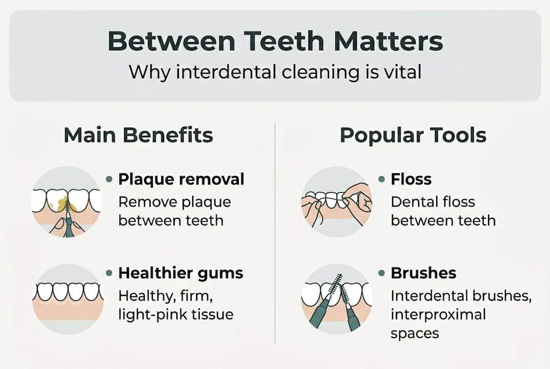 Infographic of interdental cleaning benefits and tools