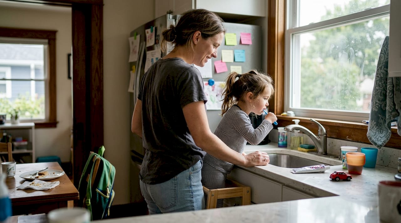Parent and child brushing teeth together kitchen