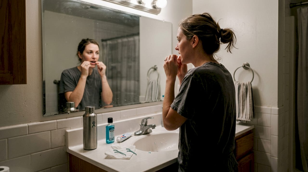 Woman flossing teeth nighttime bathroom scene