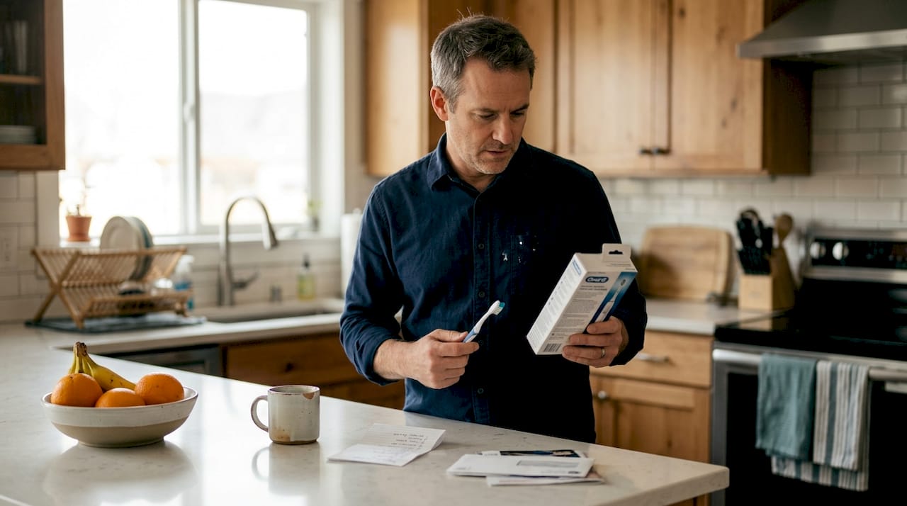 Man comparing manual and electric toothbrushes