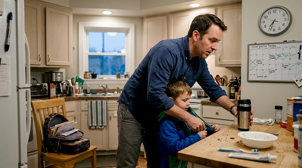 Busy family rushing through morning routine