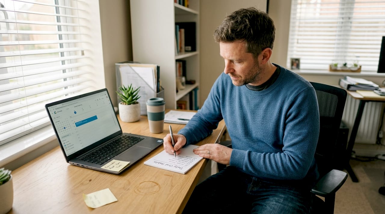 Man tracking oral care routine at desk