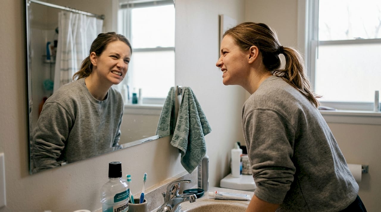 Woman checking teeth whitening progress in mirror