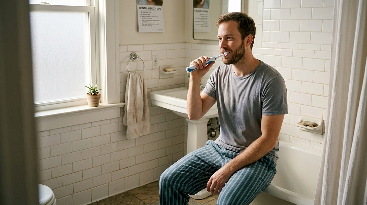 Man brushes teeth with sonic toothbrush