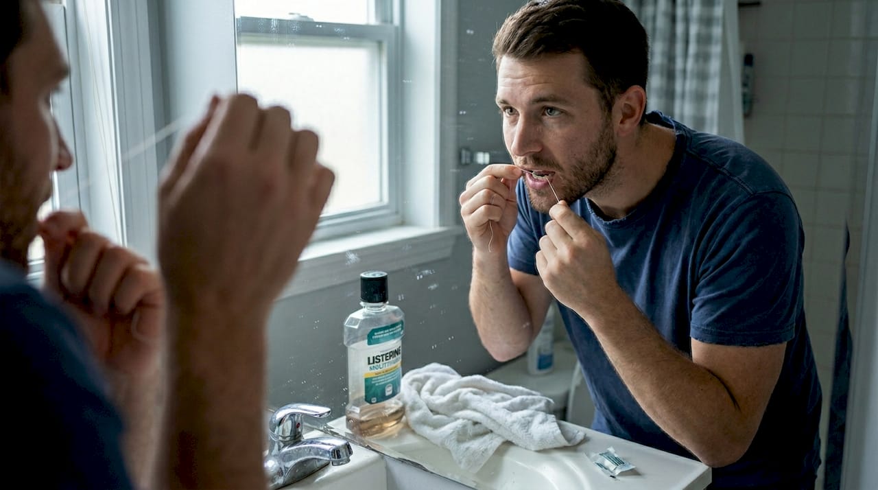 Man flossing teeth in small bathroom