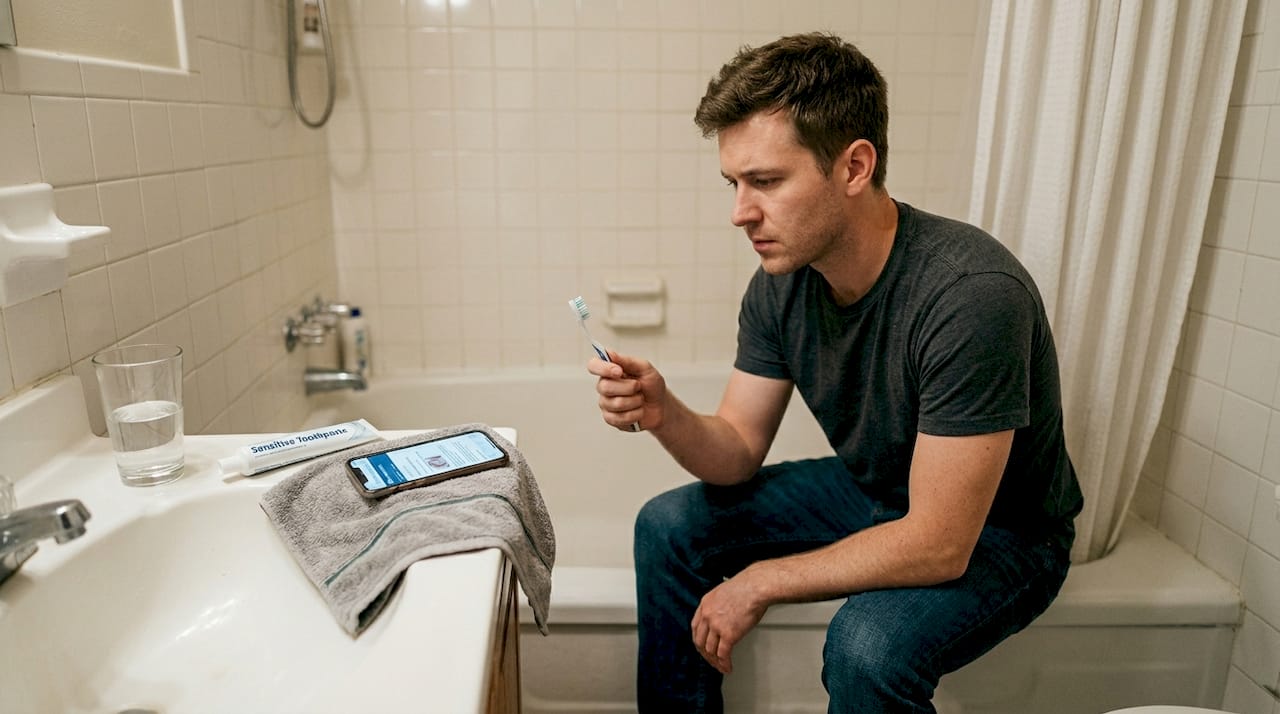 Man reviewing toothbrush in home bathroom