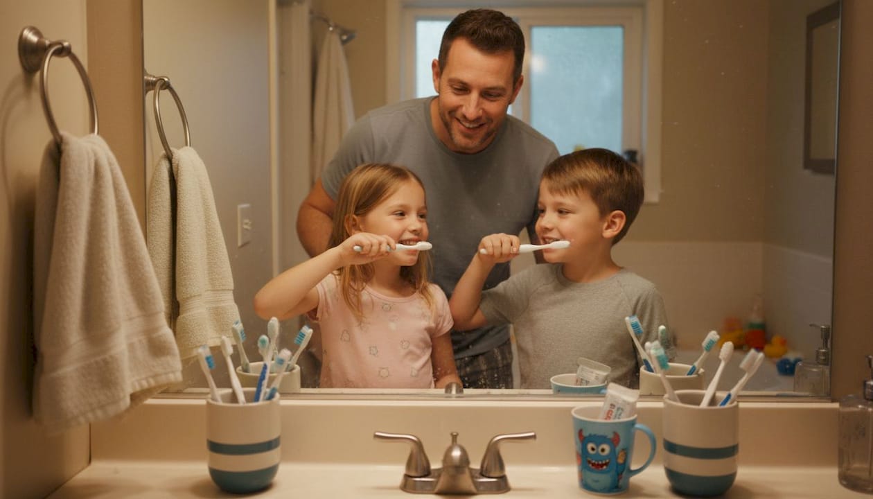 Family brushing teeth together in bathroom