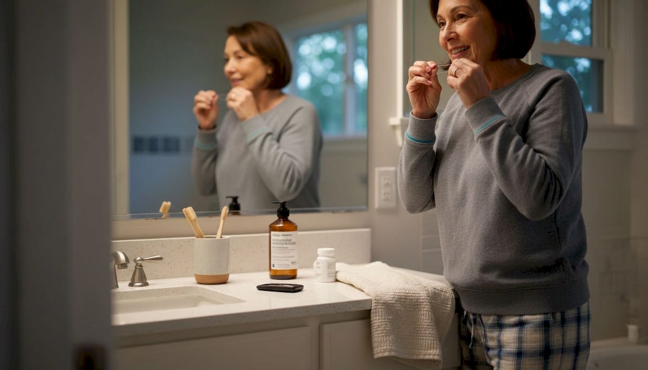 Older adult flosses at home bathroom mirror