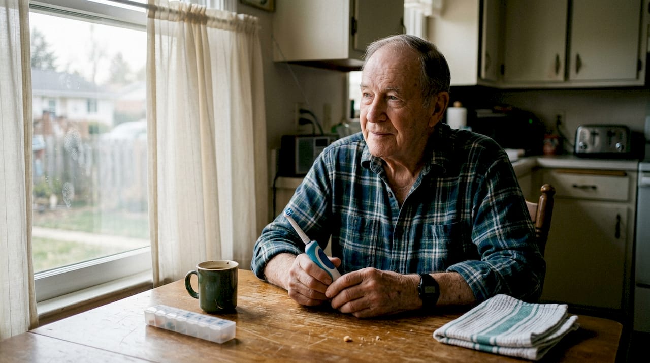 Elderly man holding electric toothbrush