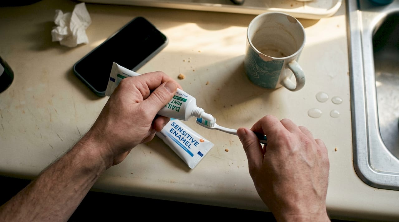 Hands adding toothpaste with kitchen counter clutter