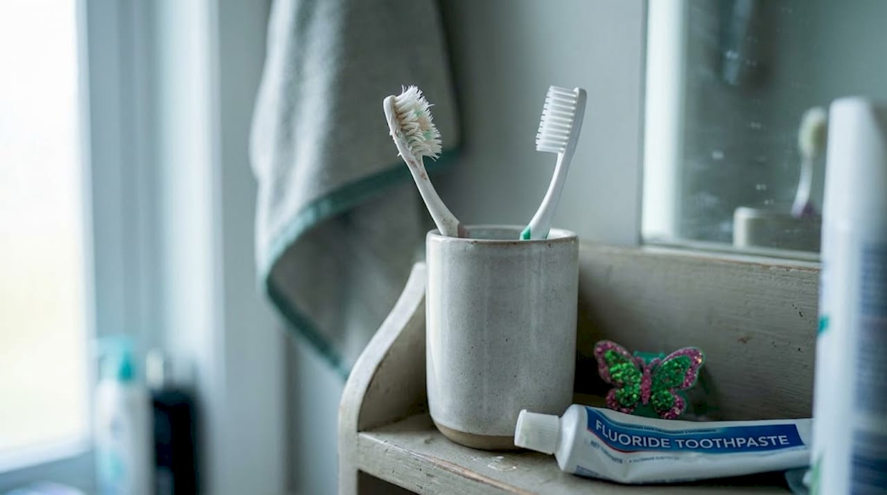 Frayed and new toothbrush bristles side by side