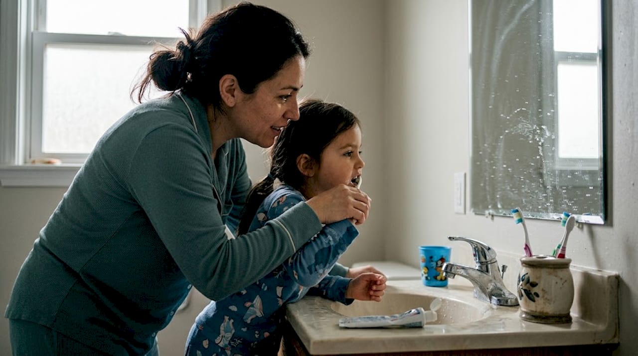 Parent helping child brush teeth at home