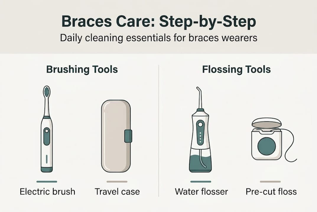 Infographic with key steps for cleaning teeth with braces