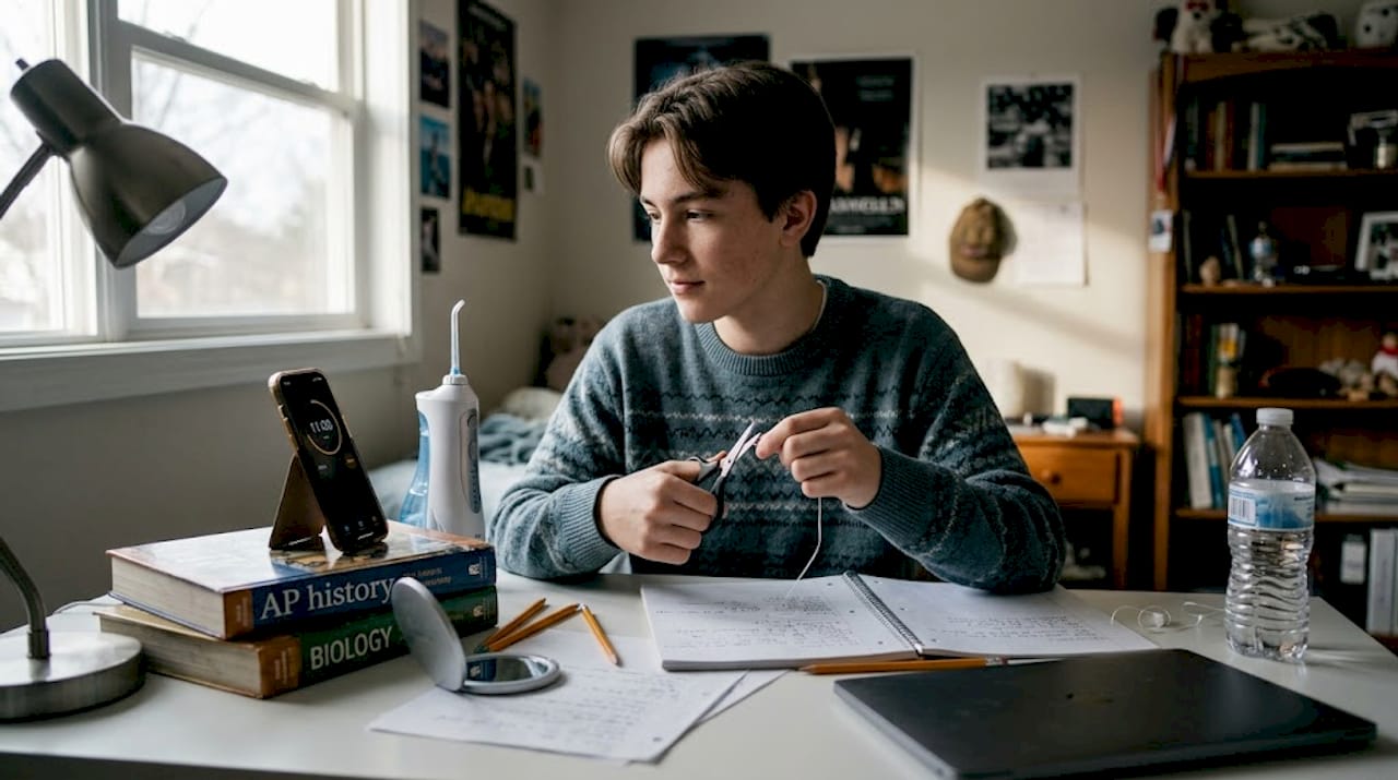 Student preparing dental floss for braces cleaning