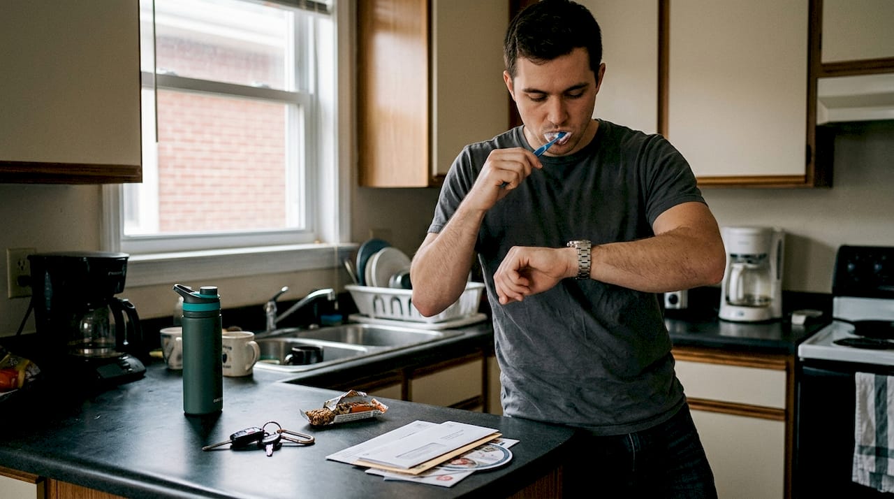 Man brushing teeth quickly in casual kitchen