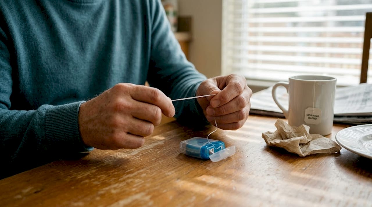 Hands using waxed dental floss at table
