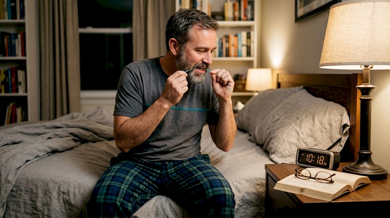 Man flossing teeth during nighttime routine