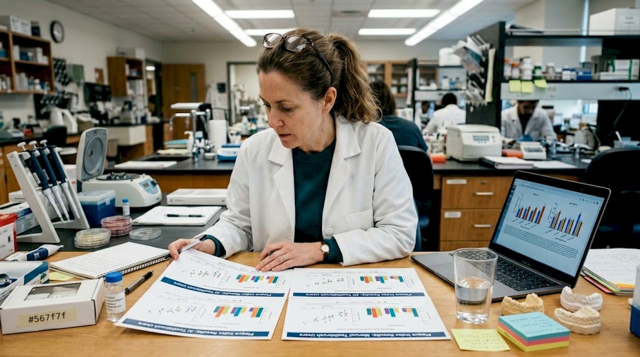 Dental researcher analyzing toothbrush comparison charts