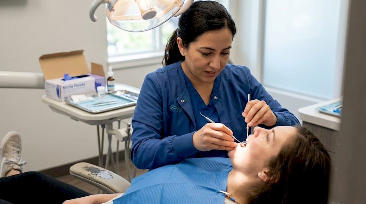 Dental hygienist removing plaque during checkup