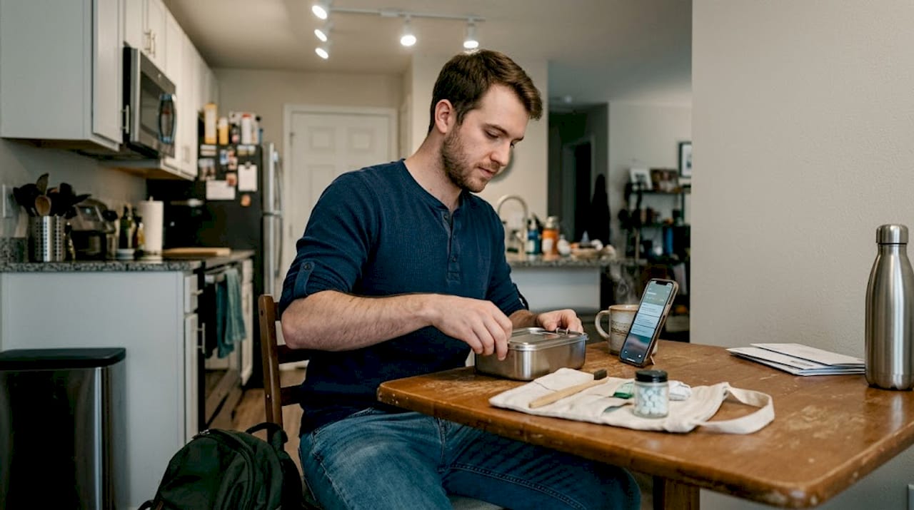 Young man packing eco oral care for travel