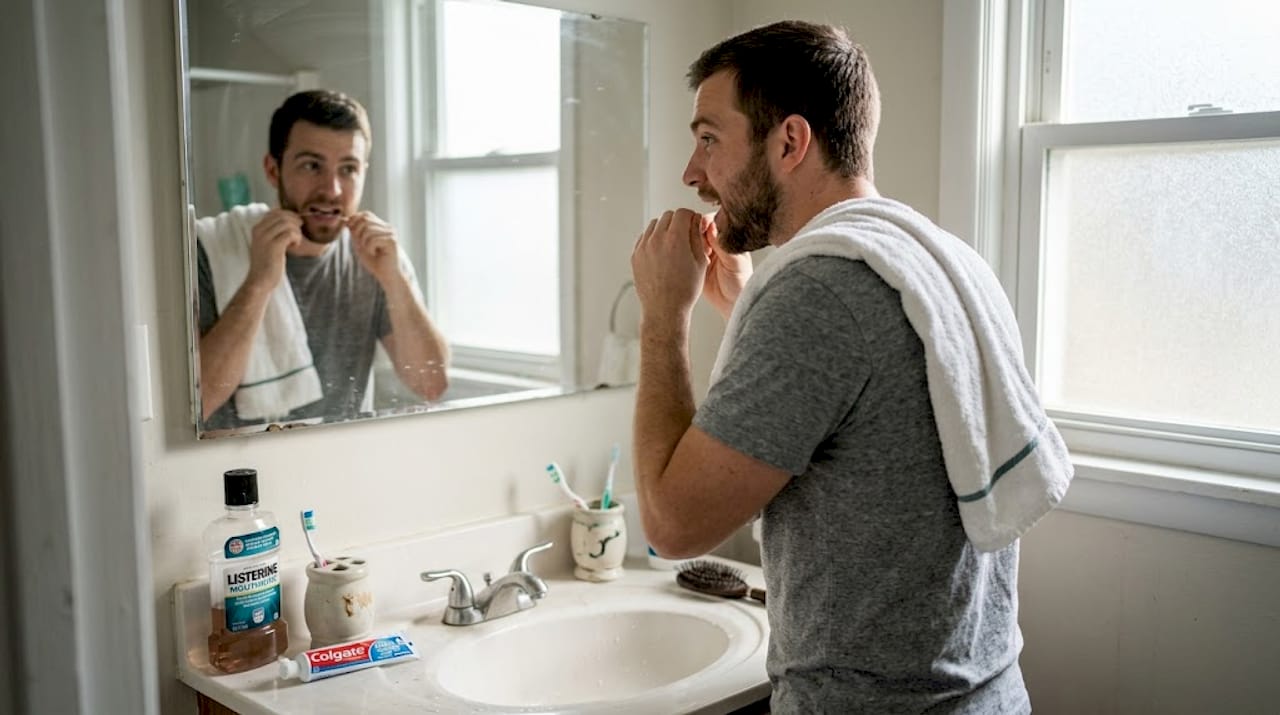 Man flossing teeth in bathroom setting