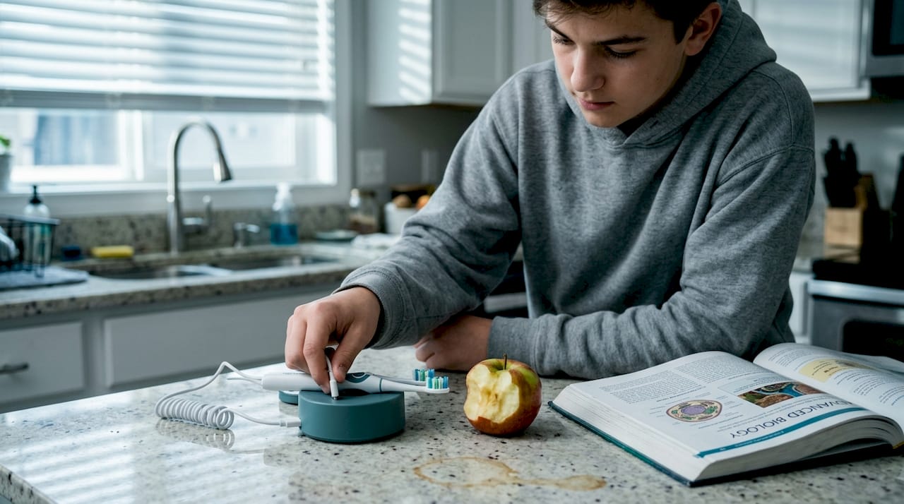 Boy charging mouthpiece toothbrush at kitchen counter