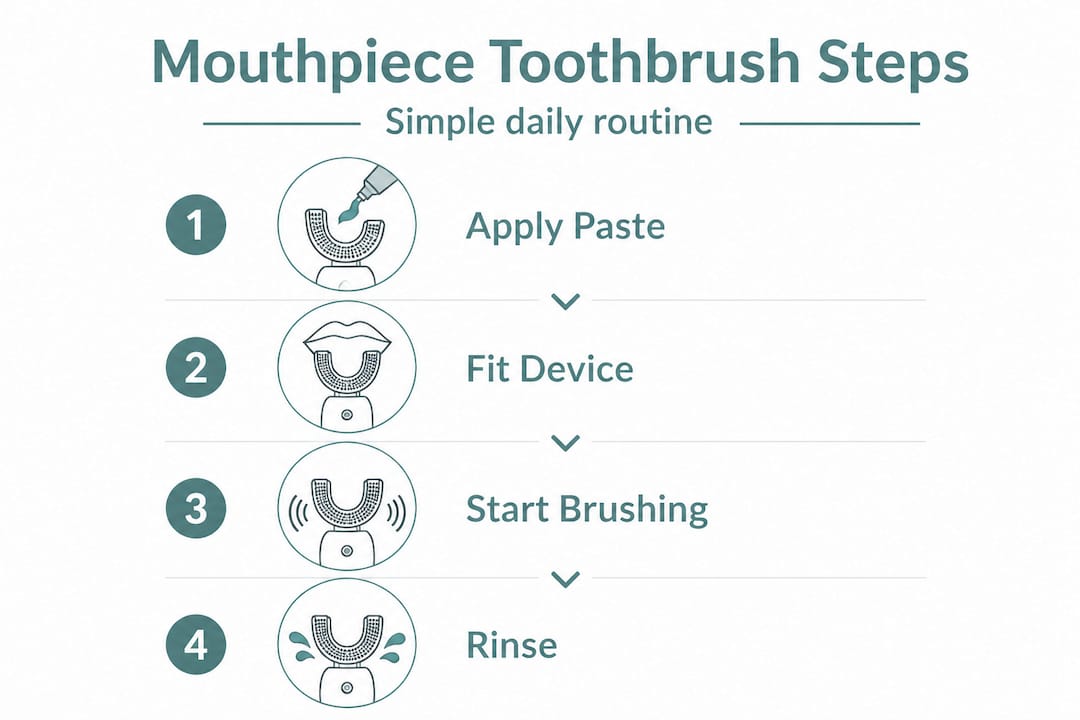 Infographic showing steps to use mouthpiece toothbrush