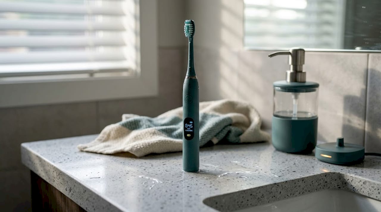 Close-up of timed electric toothbrush on counter