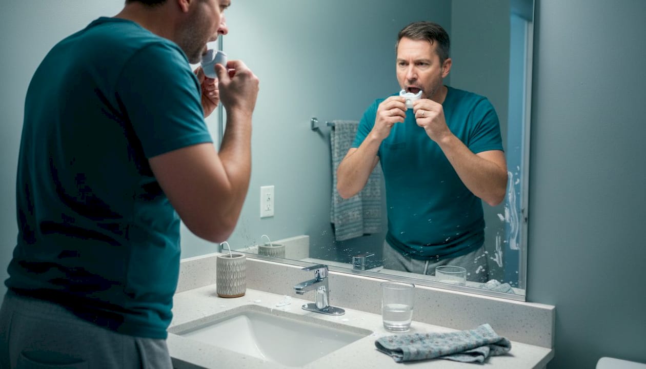 Man adjusting toothbrush mouthpiece for correct fit
