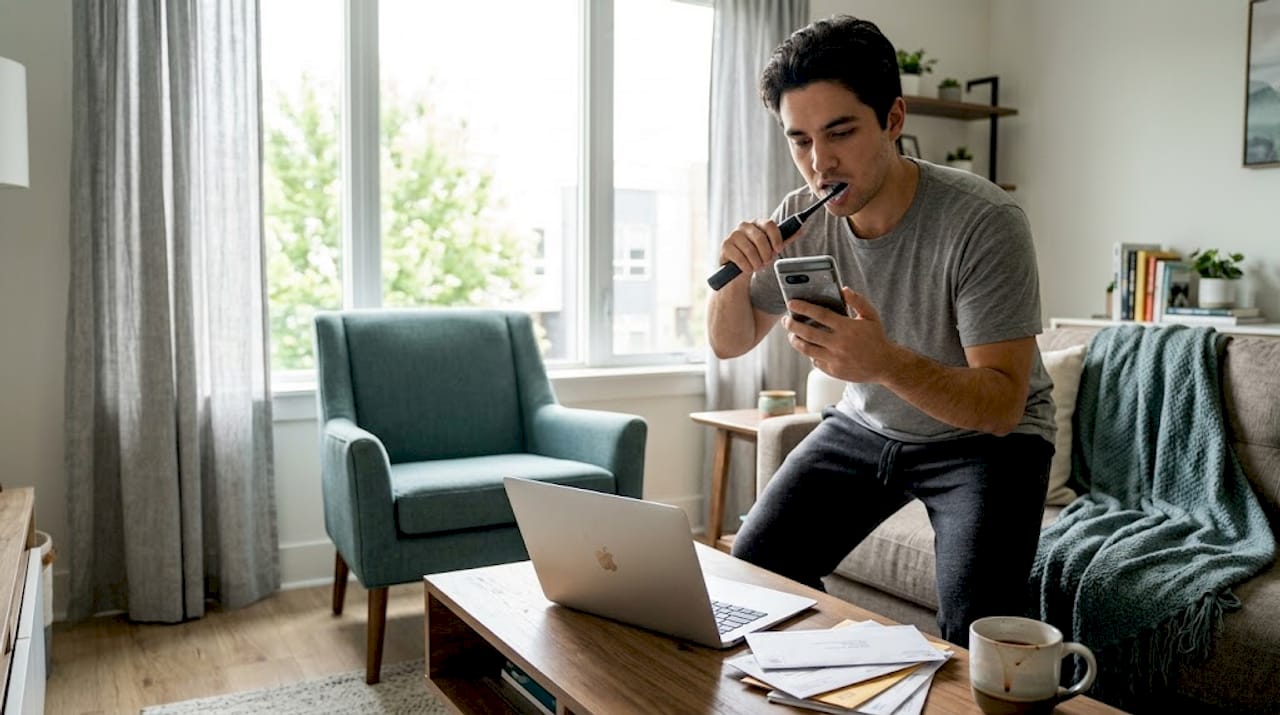 Man multitasking with automatic toothbrush in living room