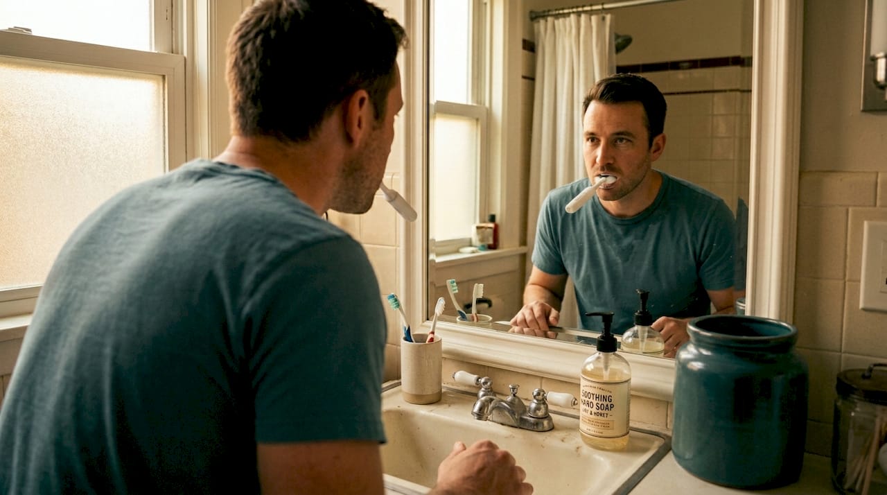 Man using toothbrush mouth guard at home sink