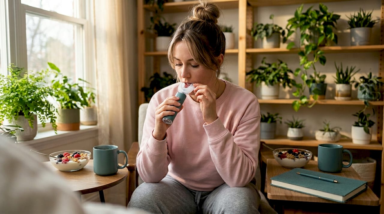 Woman prepares hands-free toothbrush at kitchen table